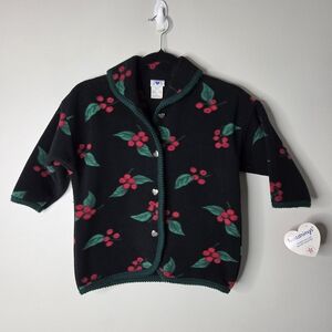 Hartstrings Black Jacket with Red Berry & Green Leaf Print
